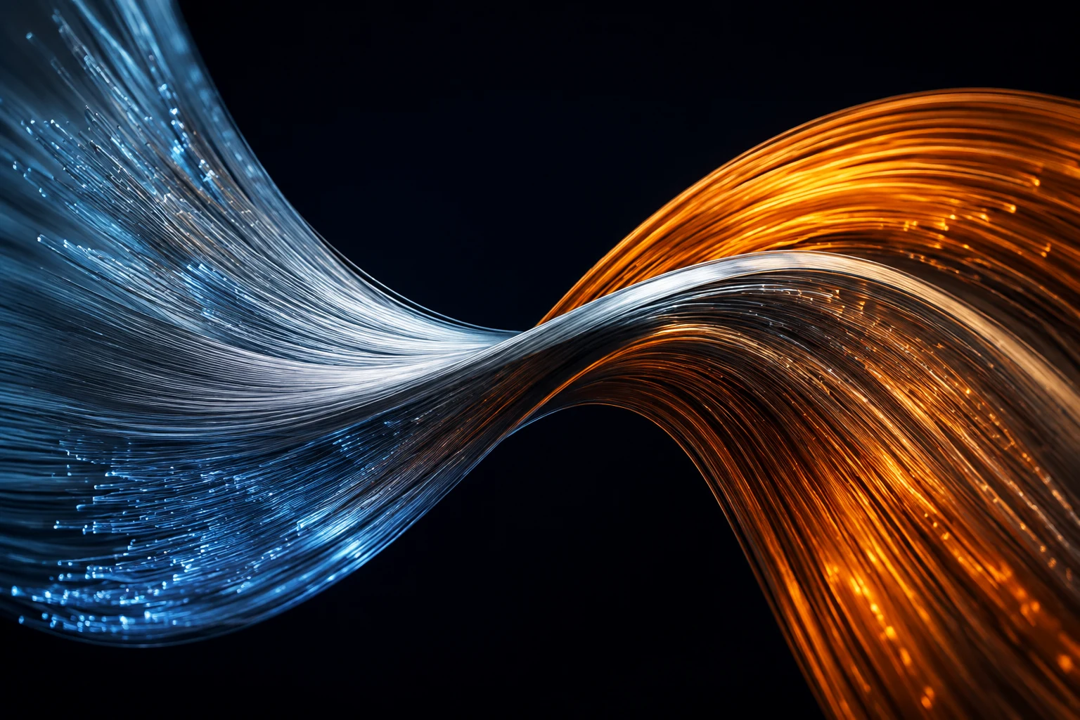 Silver and amber filaments weaving together against a deep navy background